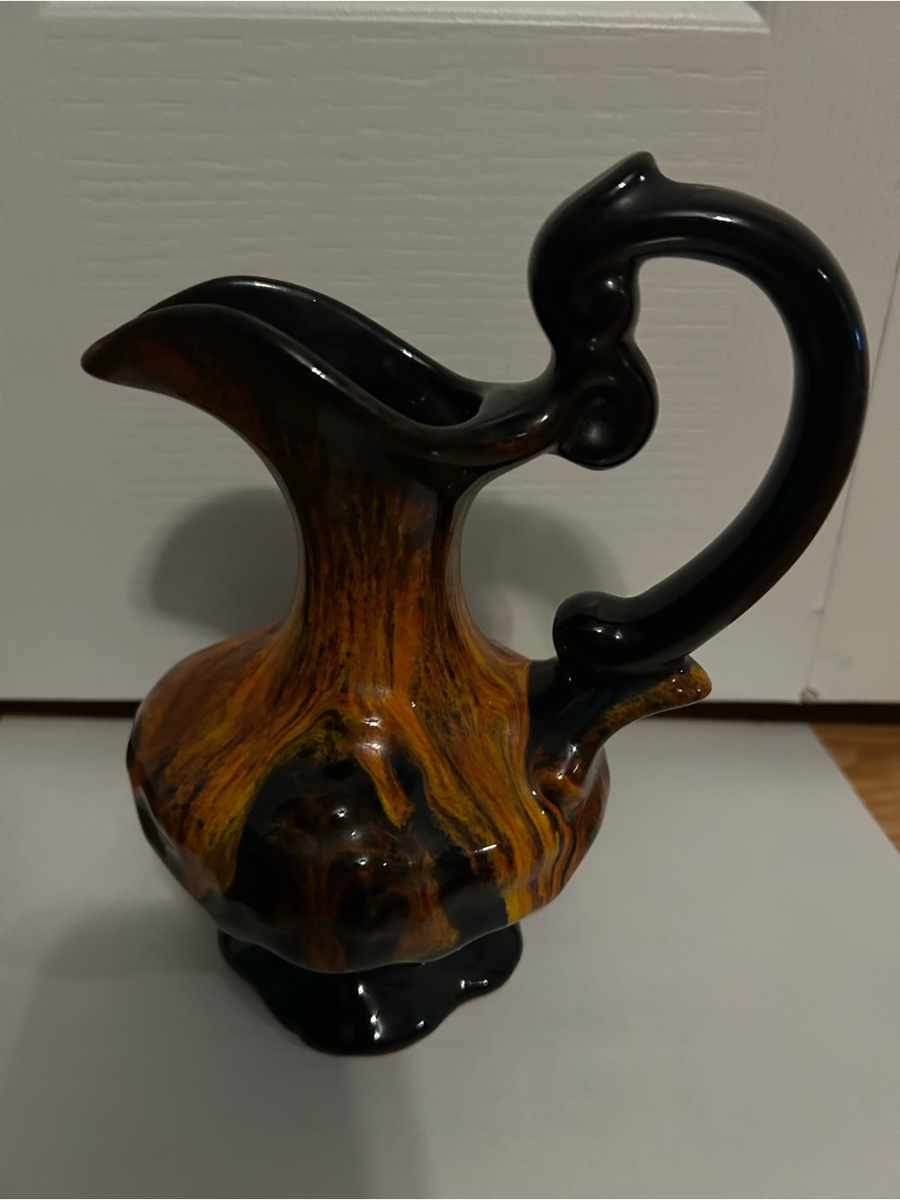 Vintage Artisan Orange Brown Swirl Ceramic Pitcher - Home Art